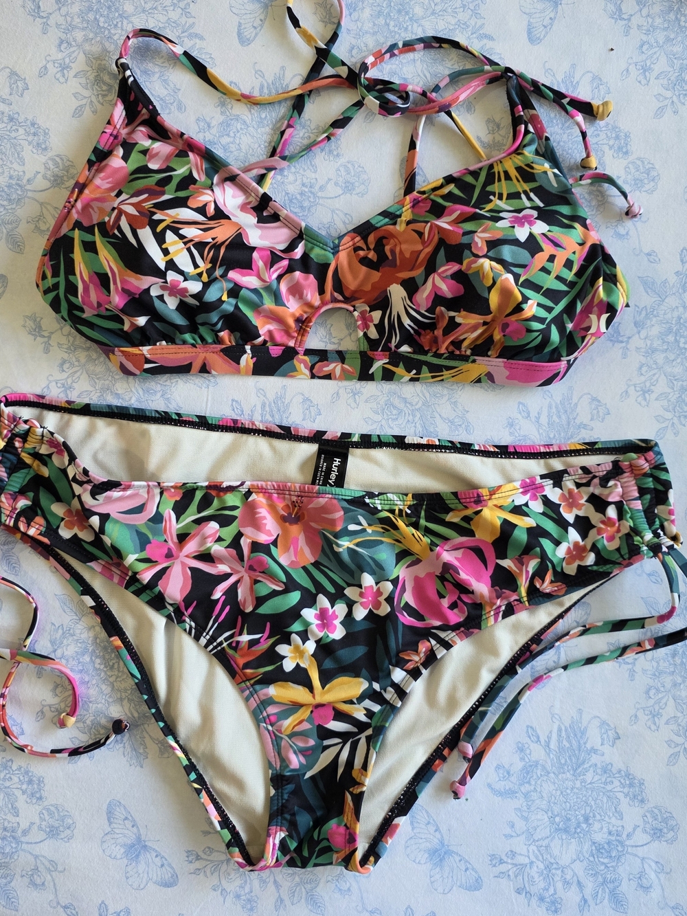 Hurley Black Floral Tie-Back Bikini with Pink & Yellow Accents